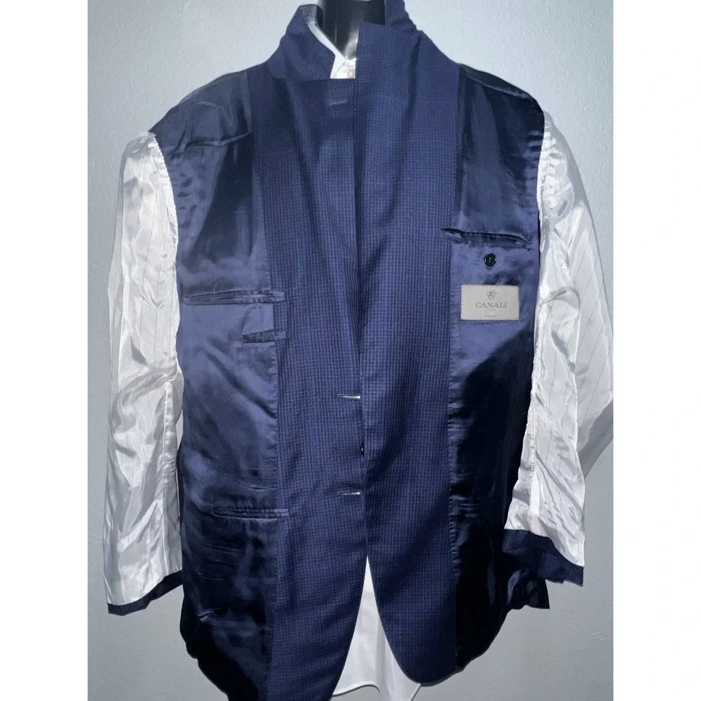 CANALI Suit Jacket Men's 44L Dual Vent 100% Wool Blue Windowpane 54L EU Coat